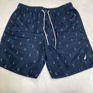 Nautica Mens Navy Blue With White Anchors Swim Trunks M